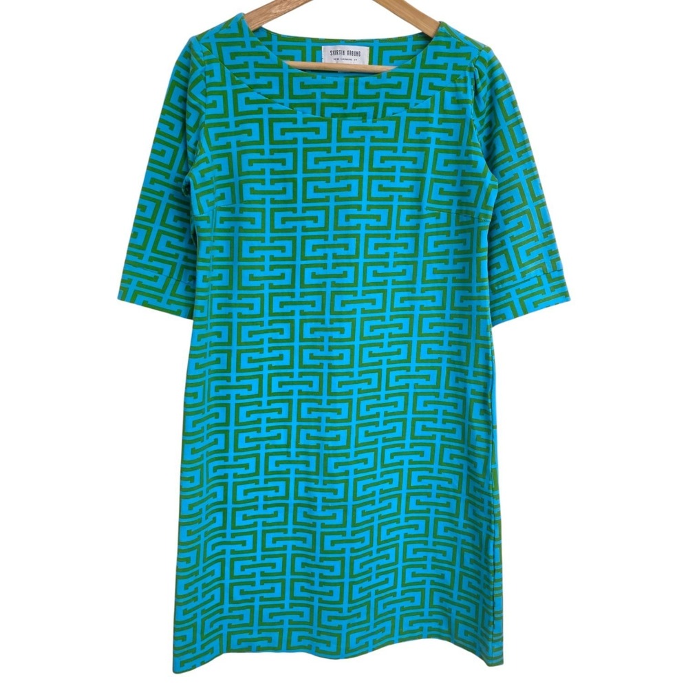 Skirtin Around Turquoise‎ & Green Half Sleeve Boat Neck Stretch Knit Shift Dress